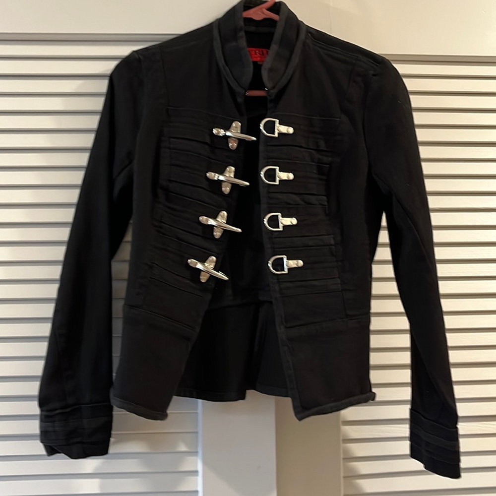 Black denim Tripp NYC jacket silver buckles